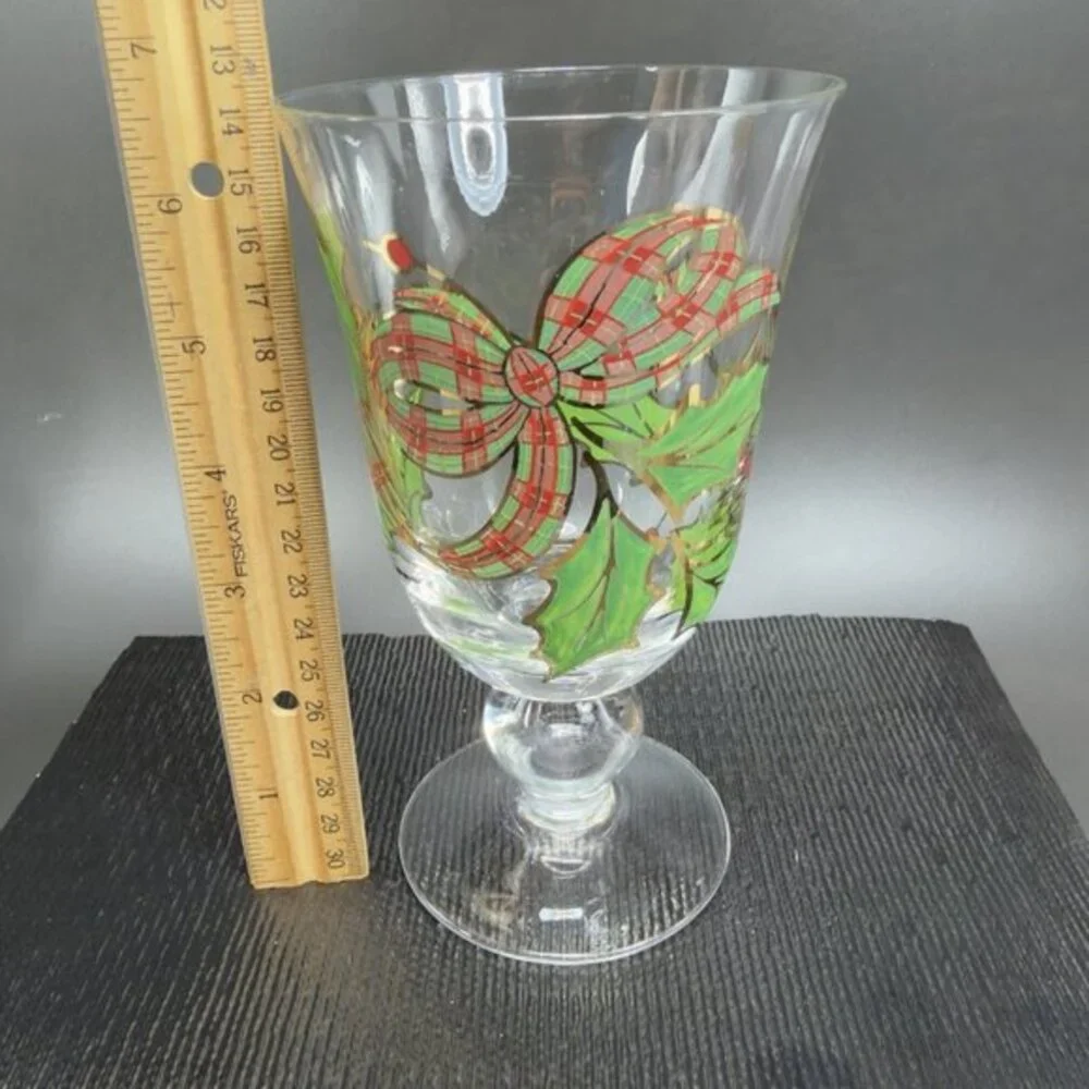 Lenox Holiday Plaid Ribbon Iced Tea Glass Footed Goblet‎ Cup Hand Painted Single